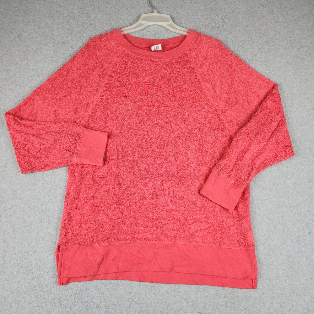 PINK Victoria's Secret Sweatshirt Women Medium Coral Textured Fleece Long Sleeve